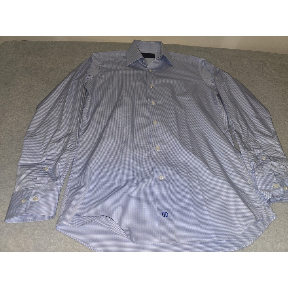 David Donahue Mens Blue White Micro Check Cotton Dress Shirt 15.5 34/35